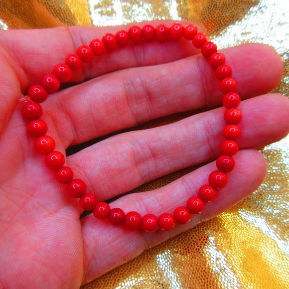 Red Coral 4mm Round 7" Stretchy Gemstone Bracelet - Picture 1 of 3